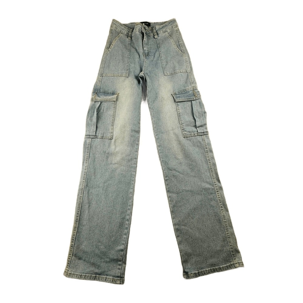 Between Us Jeans Women 7 Blue Wide-Leg Cargo‎ High Rise Cotton Blend Streetwear